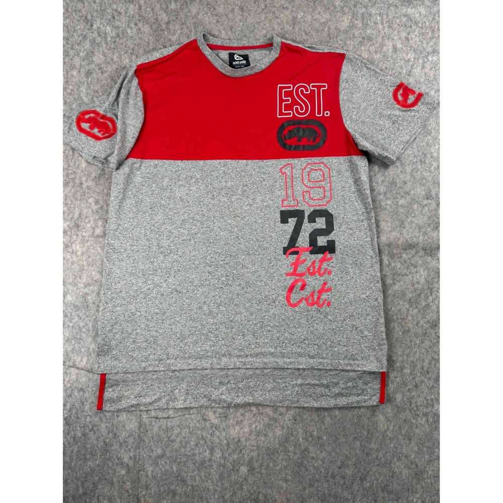 Ecko Unltd Mens XL T-Shirt Grey Red Colorblock Rhino Logo EST 1972 Streetwear